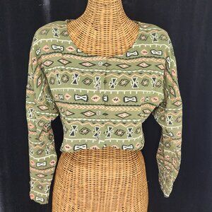 Vintage 1980s In2 Tribal button Up Long Sleeve Cropped Top with Shoulder Pads LG